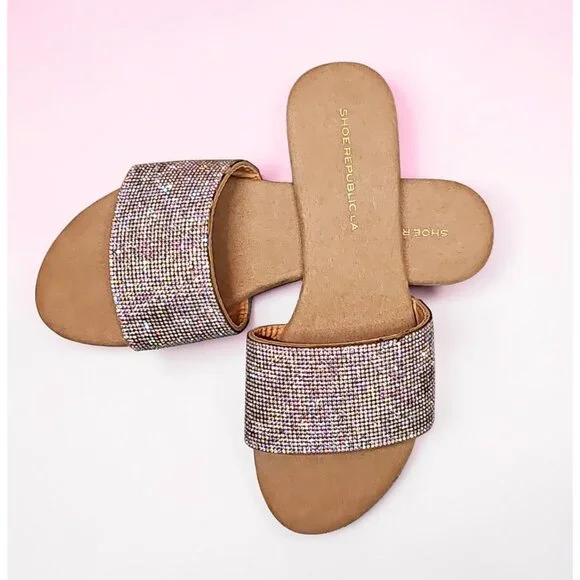 Rhinestone Embellished Slide Sandals Womens Sparkling Flat Slip-On Shoes - Picture 1 of 7